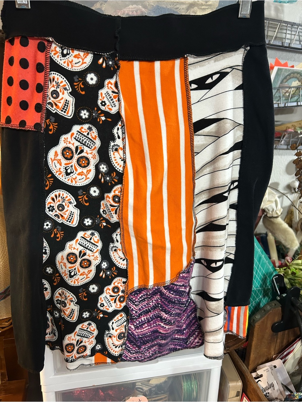 Patchwork Halloween-Print Midi Skirt in Orange, Black & Purple